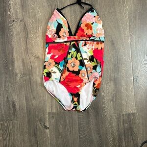 Time and Tru Red and Orange One Piece Swimsuit with Plunging V-neckline